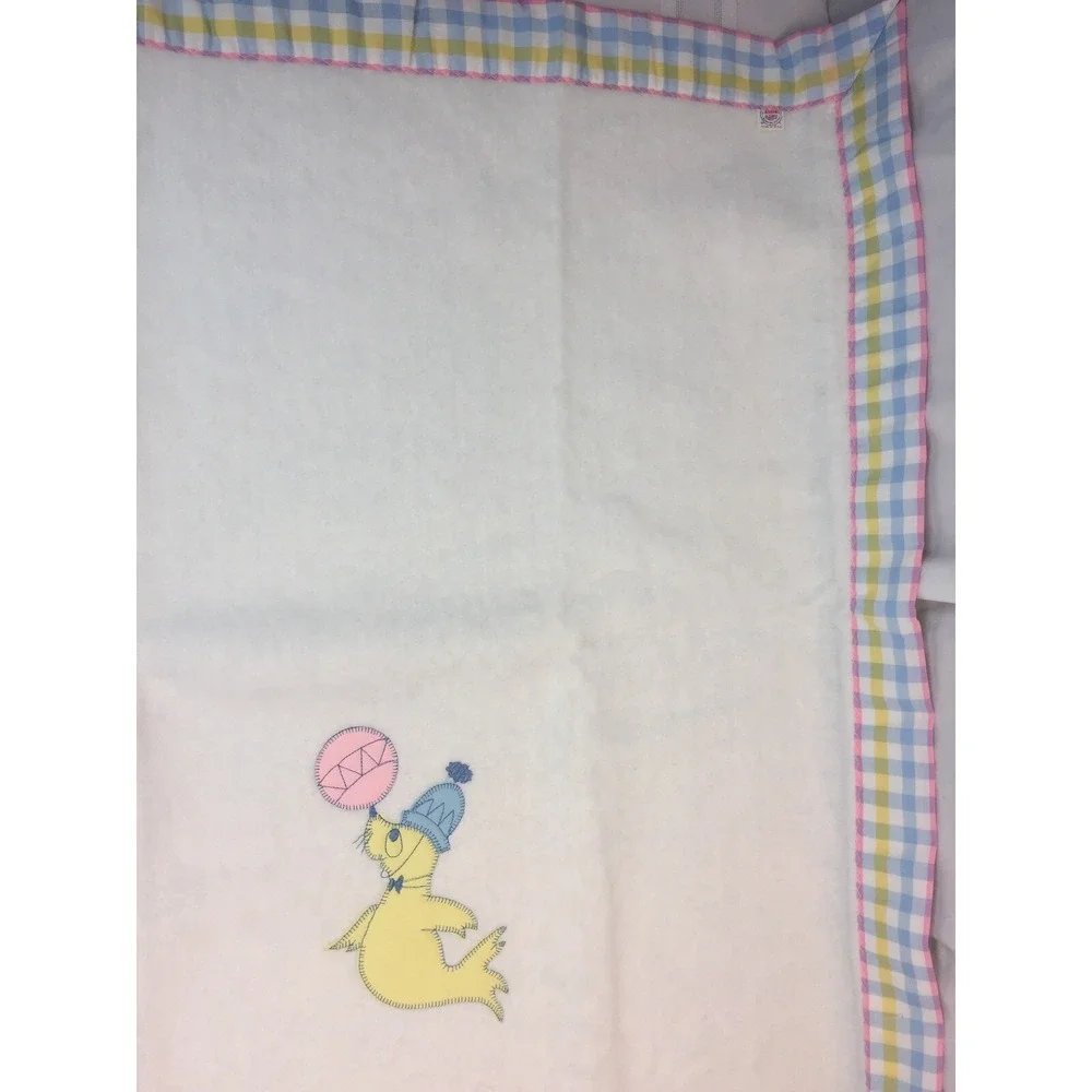 Vintage Quiltex New Baby Blanket Pastel Checked edging Seal Union Made USA